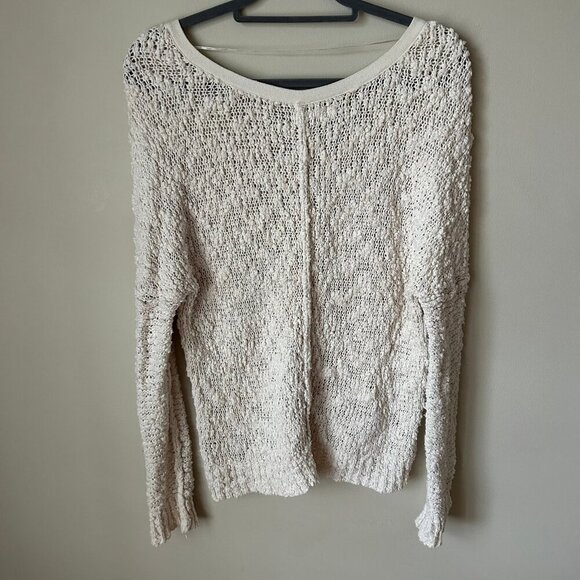 Free People Cream Open Knit Popcorn Texture V Neck Chunky Oversized Sweater XS - Picture 7 of 8